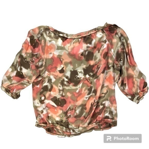 Signature by Larry Levine Womens Size 2X Coral Green Abstract Peasant Blouse Top - Picture 2 of 9